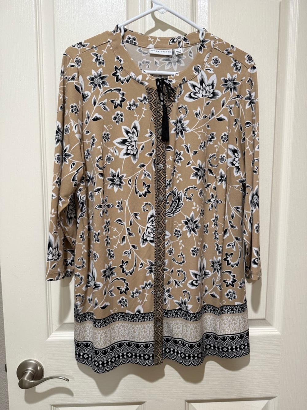 Susan Graver Beige Floral Tie-Front Tunic Top